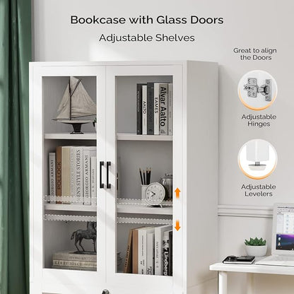 VINGLI Lateral File Cabinet with Glass Doors and Locking Drawer for Hanging File Folders, Bookshelf with Adjustable Shelves for Home Office (White, 30''W x 16''D x 55''H)