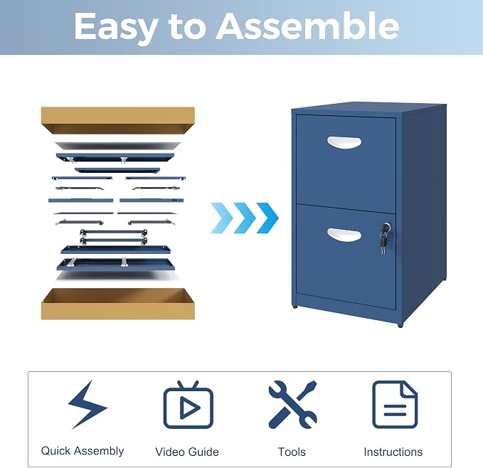 UNICOLY 2 Drawer File Cabinet with Lock, Metal File Cabinet for Home Office, Under Desk Storage, Printer Stand, for Letters and File Boxes, Assembly Required, Blue