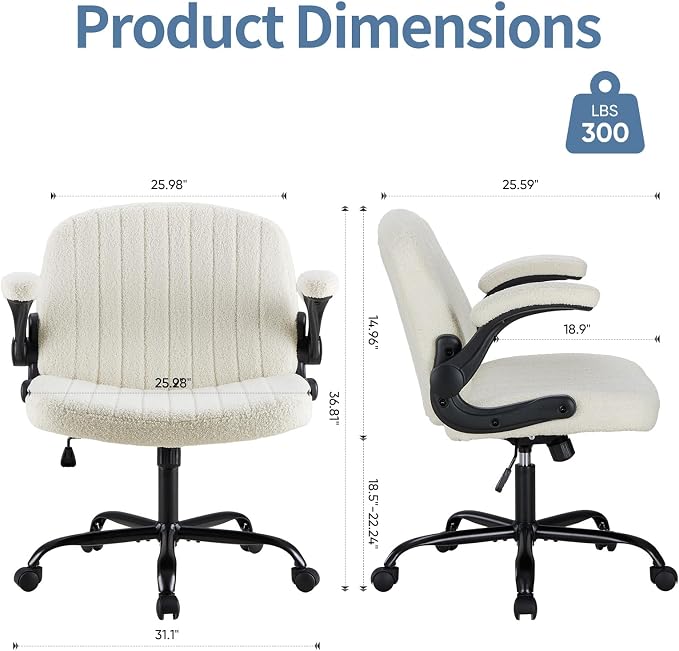 DUMOS Criss Cross Home Office Chair with Wheels, Wide Cross Legged Desk Vanity Chair Comfy Fabric Flip-Up Armrests Adjustable Swivel Chairs for Home Computer Bedroom, Beige