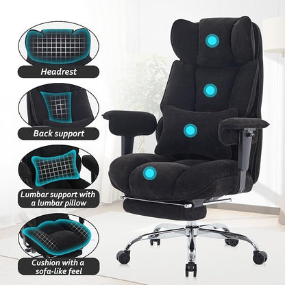 Efomao Executive Office Chair 400lbs, Black Fabric Big and Tall Desk Chair | Breathable fabric, pocket spring & foam seat, retractable footrest, 135° recline for computer gaming setup