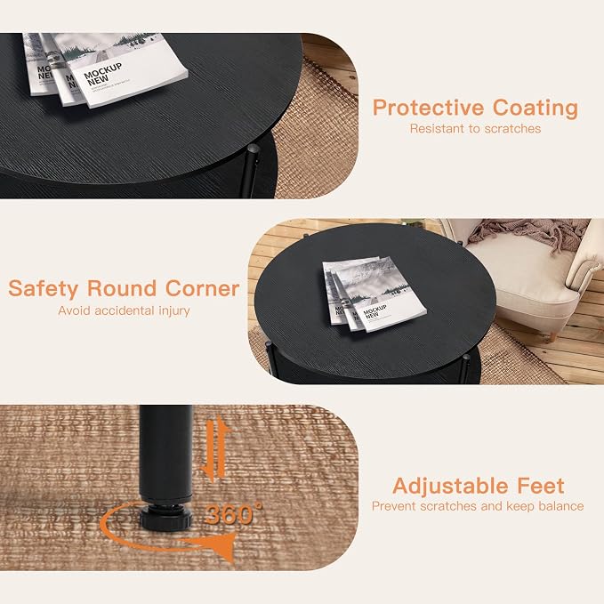 FAMIDGE Coffee Table, 2 Tiers Round Coffee Table, Black Modern Coffee Table for Living Room, Small Space Friendly (Sturdy Metal Frame, Easy Assembly) 27.5x17.7in
