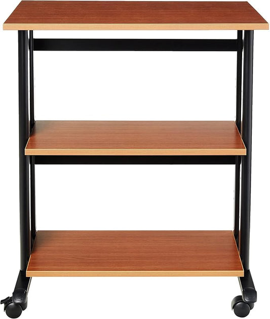Scranton & Co Metal & Wood Mobile Printer Stand, Medium Oak & Black Finish, 35" H x 29.5" W x 20" D, Adjustable Shelves, Steel Frame, 3-Shelf Cart with Locking Casters, Office Machine Storage