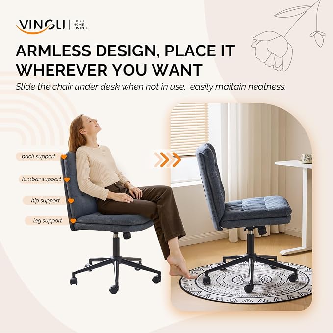 VINGLI Mid Back Armless Office Desk Chair with Wheels/no Wheels,360°Rocking Swivel Vanity Chair with Thickened Cushion,Adjustable Height Rolling for Reading Room, Make up, Linen Navy Blue