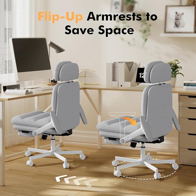 GXJ Criss Cross Legged Office Chair with Flip-up Arms, Footrest, G800 Plus | 6.3" Cushion Relieves Tailbone Pain, Head-Lumbar Support Eases Fatigue, Smooth Rolling Wheels, Corduroy Desk Seating, Grey