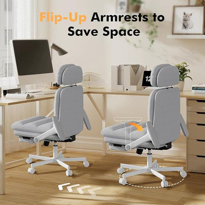 GXJ Criss Cross Legged Office Chair with Flip-up Arms, Footrest, G800 Plus | 6.3" Cushion Relieves Tailbone Pain, Head-Lumbar Support Eases Fatigue, Smooth Rolling Wheels, Corduroy Desk Seating, Grey