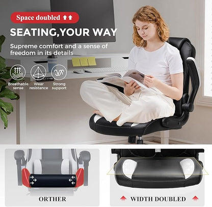 COMHOMA Office Computer Gaming Chair Ergonomic Desk Chair for Adults with Lumbar Support Flip-Up Arms Adjustable Height Swivel Wheels PU Leather Executive Design for Short People Use, White