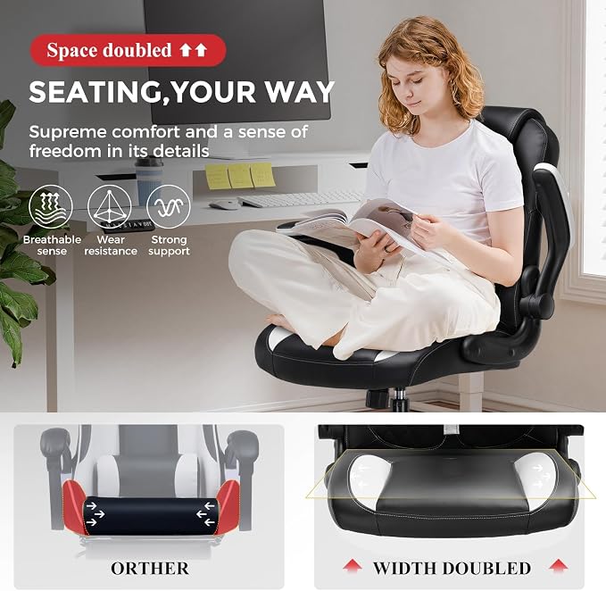 COMHOMA Office Computer Gaming Chair Ergonomic Desk Chair for Adults with Lumbar Support Flip-Up Arms Adjustable Height Swivel Wheels PU Leather Executive Design for Short People Use, Deep White