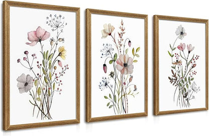 WRFON Framed Botanical Canvas Wall Art Set of 3, Watercolor Floral Prints, Framed Flower Wall Decor for Bedroom Bathroom Living Room, 20x30 Inch Each
