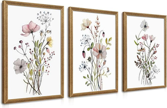 WRFON Framed Botanical Canvas Wall Art Set of 3, Watercolor Floral Prints, Framed Flower Wall Decor for Bedroom Bathroom Living Room, 20x30 Inch Each