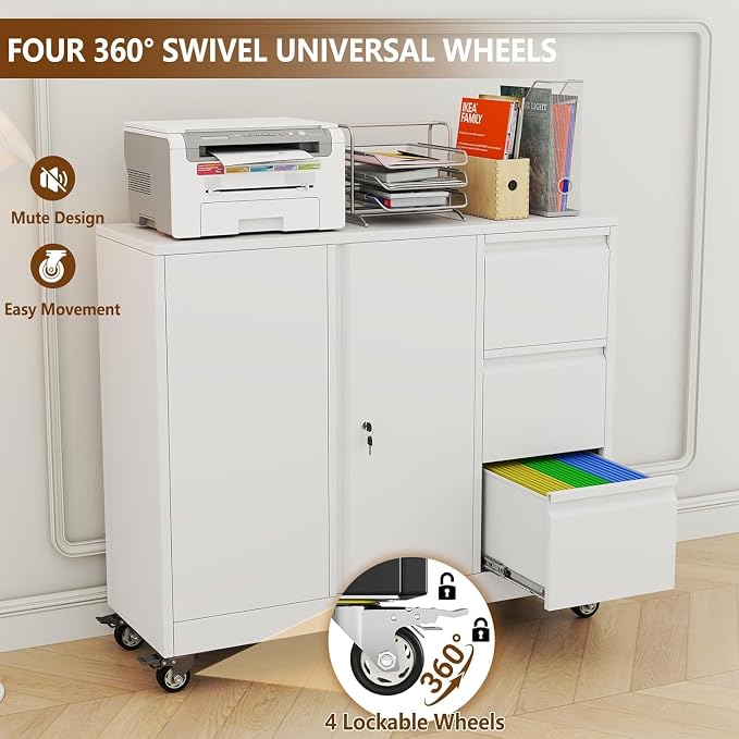 47" Rolling File Storage Locker Cabinet with 3-Drawer，Office Storage Cabinet with Adjustable Shelf & Universal Wheels, Mobile Printer Stand for Home Office, Living Dining Room,White