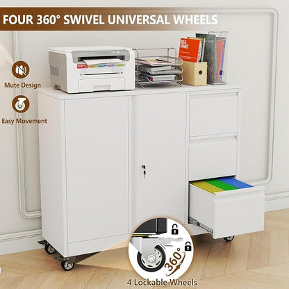 47" Rolling File Storage Locker Cabinet with 3-Drawer，Office Storage Cabinet with Adjustable Shelf & Universal Wheels, Mobile Printer Stand for Home Office, Living Dining Room,White
