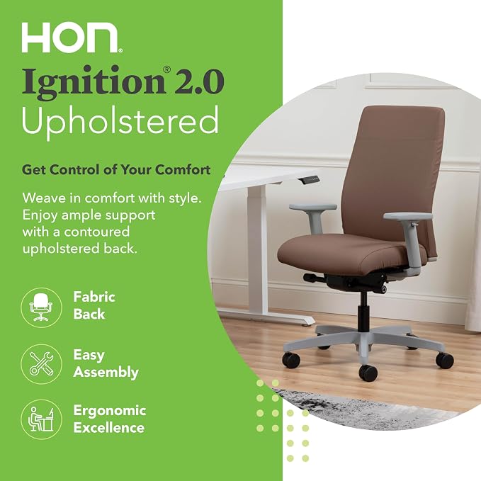 HON Ignition 2.0 Ergonomic Office Chair with Adjustable Arms, Advanced Synchro‑Tilt Recline, Upholstered Desk and Computer Chair for Home Office or Workstation, Titanium Frame, Bark