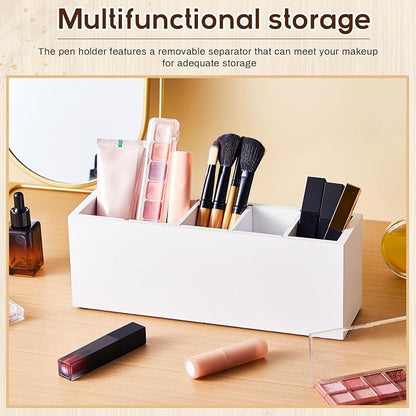 Jetec Wooden Pencil Pen Holder for Desk 5 Compartments Cosmetic Makeup Brush Stationery Office Desktop Organizers for Countertop Adjustable Silverware Caddy for Party, Art Supplies,Home(White)
