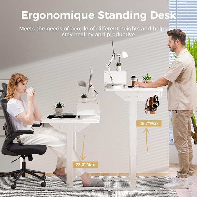 GTPLAYER Electric Standing Desk with Drawers, 48 x 24 Inch Height Adjustable Gaming Desk with Monitor Stand, Power Outlets & LED Lights, Home Office Sit Stand Up Desk with Memory Preset (White)