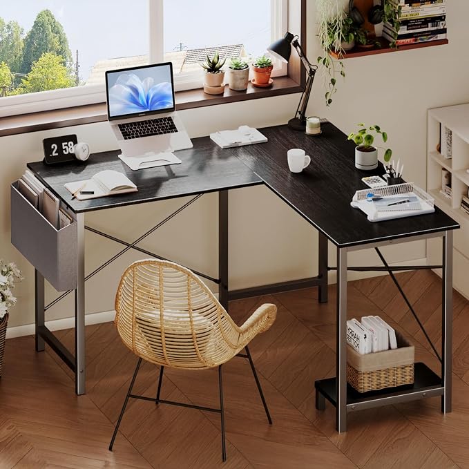 DUMOS L Shaped Desk Computer Gaming Corner Table 50 Inch Home Office Writing Student Work PC Workstation with Side Storage Bag CPU Stand for Bedroom Small Spaces