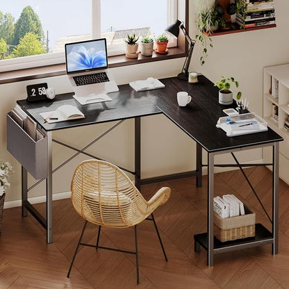 DUMOS L Shaped Desk Computer Gaming Corner Table 50 Inch Home Office Writing Student Work PC Workstation with Side Storage Bag CPU Stand for Bedroom Small Spaces