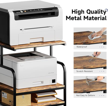 Warmiehomy 24x24 inches Printer Stand with Adjustable Storage Shelf - Large Printer Table with Wheels - 3 Tier Rolling Cart - Use for 3D Laser Printer Mini Fridge Home Office (Brown)