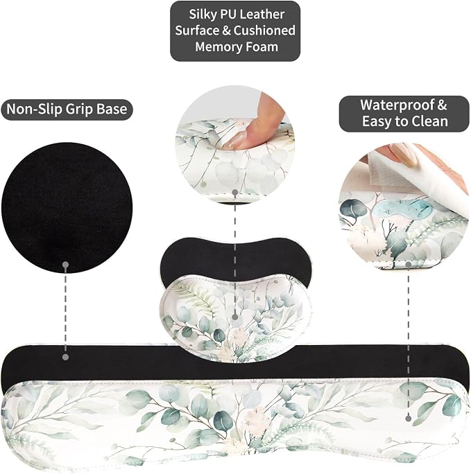 QIYI Leather Desk Mat Set, 4-in-1 Large Mouse Pad with Ergonomic Wrist Rest, Waterproof Desk Pad + Keyboard Wrist Rest +Mouse Wrist Support+Coaster, Non-Slip Office Gaming Accessories, Eucalyptus Leaf