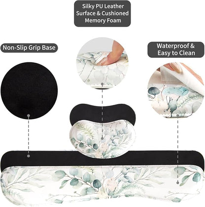 QIYI Leather Desk Mat Set, 4-in-1 Large Mouse Pad with Ergonomic Wrist Rest, Waterproof Desk Pad + Keyboard Wrist Rest +Mouse Wrist Support+Coaster, Non-Slip Office Gaming Accessories, Eucalyptus Leaf
