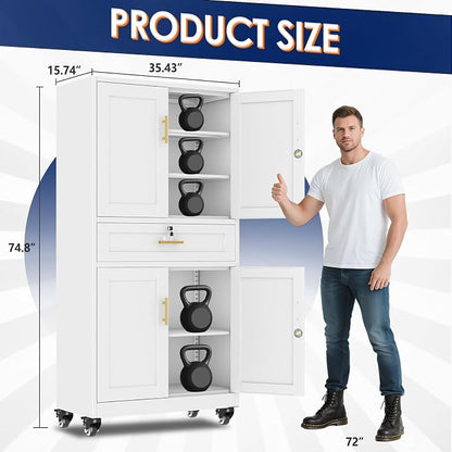 erosoei 75" H Metal Garage Storage Cabinet, Rolling Tool Cabinet | with 2 Doors and Wheels, Locker Steel Cabinet with 4 Adjustable Shelves and Drawer, Organization Cabinet for Garage,Home,Gym