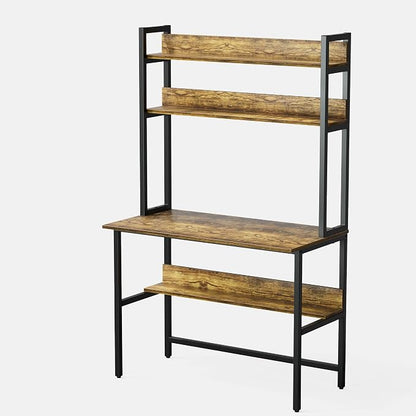 Aquzee Computer Desk with Hutch, 40“W x 19.6" D Desk with Shelves, Tall Home Office Desk with Bookshelf, Metal Legs Study Table with Upper Storage Shelf for Study Writing/Workstation, Brown