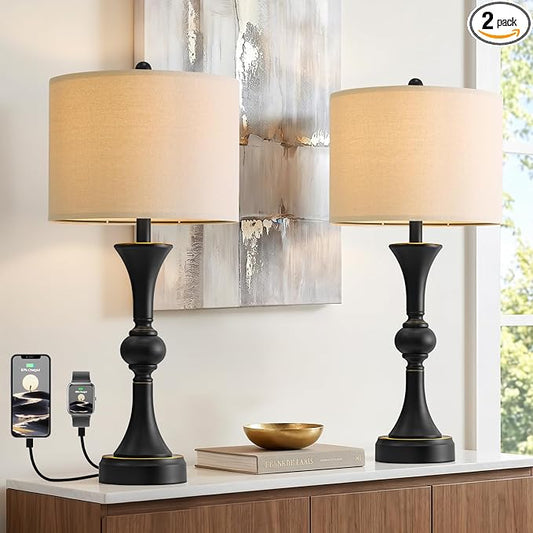 Oneach 28" Modern Table Lamps Set of 2 for Living Room, Bedside Lamps with USB Ports, Black Nightstand Lamps Set for Bedroom Farmhouse Lamp End Table Lamps (Bulbs not Included)