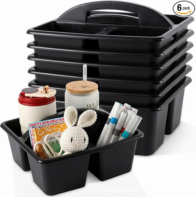 6 Pack 3 Compartment Small Caddy Plastic Classroom Organizer with Handle Portable Teacher Supply Storage Caddy Craft Art Caddies for Pencil, Crayon, Marker, Home, Office, School Supplies(Black)