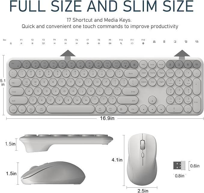 Wireless Keyboard and Mouse Combo, Slim Silent Round Keycaps (Gray) | 2.4GHz USB Plug-and-Play, Full-Size 110-Key Layout, Compatible with PC & Laptops