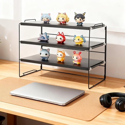 PowerKing Desk Shelf Organizer, 3-Tier Desktop Shelves with Wood Board, Adjustable Bookshelf Storage Rack for Home Office School Study Room (Black Frame + Black Wood)