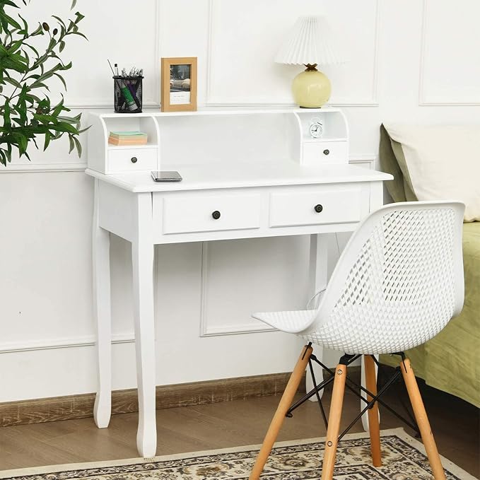 Giantex Writing Desk with 4 Drawers, Removable Floating Organizer 2-Tier Mission Home Computer Vanity Desk for Apartment Small Space, White