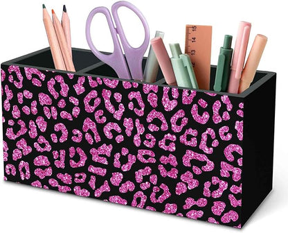 DILSJ Pink Cheetah Print Office Supplies Pen Pencil Holder Organizer for Desk, Coquette Room Decor, Preppy Leopard Black Wooden Box Signs for Women Home Office Desk Tabletop Decoration