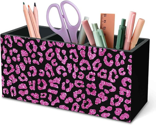DILSJ Pink Cheetah Print Office Supplies Pen Pencil Holder Organizer for Desk, Coquette Room Decor, Preppy Leopard Black Wooden Box Signs for Women Home Office Desk Tabletop Decoration