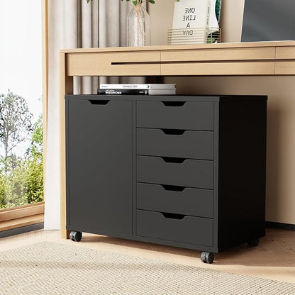5-Drawer Mobile File Cabinet, Office Organizer with Door Black | Office Storage with Door and Adjustable Shelf Lockable Casters, Wood Printer Stand for Home Office, Living Room, Entryway
