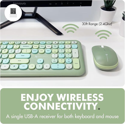 X9 Green Wireless Keyboard and Mouse Combo – 2.4G and Bluetooth Connectivity, Retro Typewriter-Style Wireless Keyboard and Mouse Set, Colorful Bubble Keyboard for Aesthetic Workspaces
