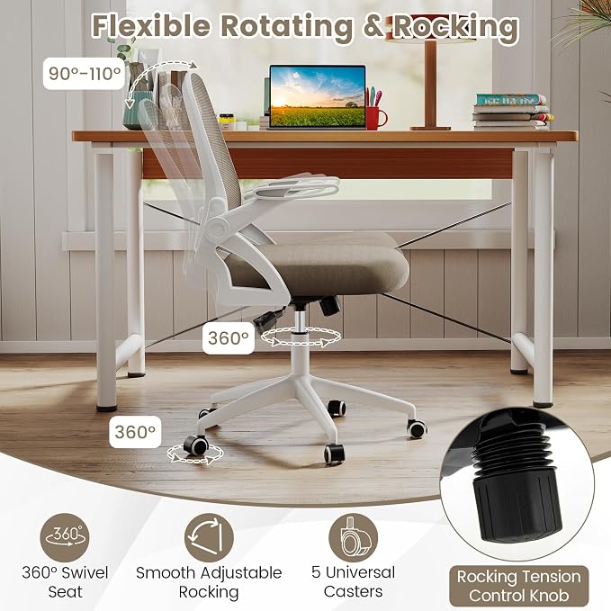COSTWAY Office Chair, Comfy Swivel Rolling Desk Chair with Adjustable Height & Flip-Up Armrests, Ergonomic Mesh Computer Chairs with Lumbar Support for Working & Gaming (Grey)