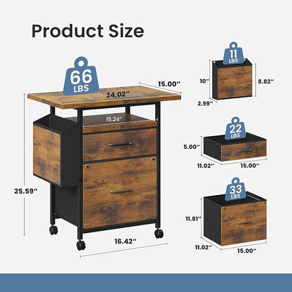 DUMOS 2 Drawer Mobile File Cabinet, Rolling Printer Stand with 24'' Wide Desktop, Fabric Drawer Cabinet Under Desk Fits A4 Size, Printer Cart with Storage Side Bag for Home Office, Rustic Brown