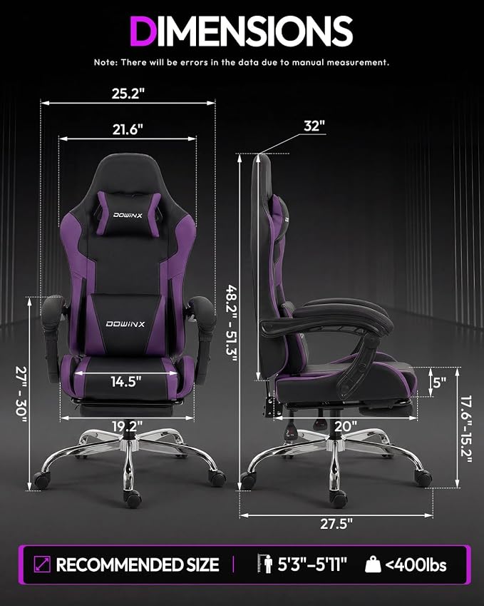 Dowinx Ergonomic Gaming Chair with Footrest & Massage Lumbar, 2D-Linkage Armrests for Computer Chair 330lbs with Headrest Pillow for Office, Home, Streaming and Long Gaming Sessions, Fabric Purple