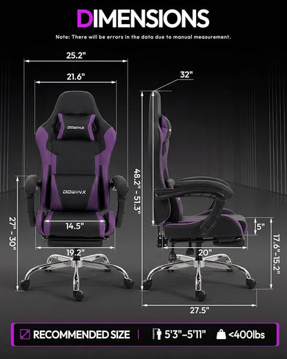 Dowinx Ergonomic Gaming Chair with Footrest & Massage Lumbar, 2D-Linkage Armrests for Computer Chair 330lbs with Headrest Pillow for Office, Home, Streaming and Long Gaming Sessions, Fabric Purple