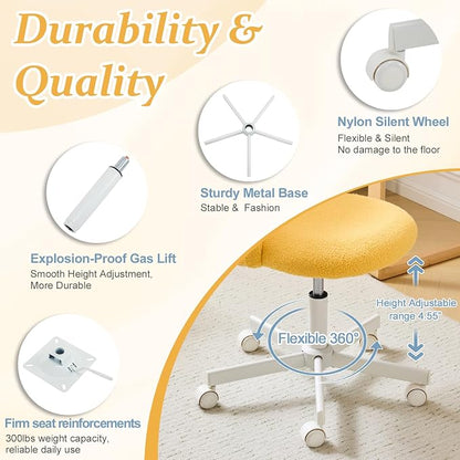 VINGLI Candy Chair Armless Cute Desk Chair,Comfy Small Office Chair with Wheels,Vanity Chair Lumbar Support,Teddy Adjustable Rolling Swivel Computer Task Chair for Home Office,Bedroom,Sunny Egg Yellow