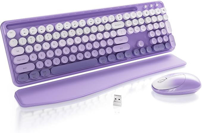 Wireless Keyboard and Mouse, Colorful 104-Key QWERTY with Round Keys, Phone Holder, Wrist Rest, Power Buttons, 2.4GHz USB for PC Laptop (Purple Gradient)