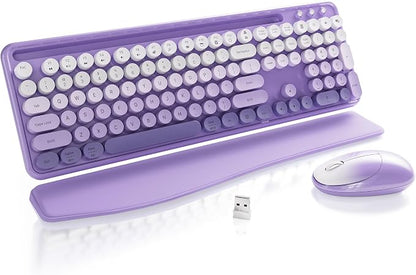 Wireless Keyboard and Mouse, Colorful 104-Key QWERTY with Round Keys, Phone Holder, Wrist Rest, Power Buttons, 2.4GHz USB for PC Laptop (Purple Gradient)
