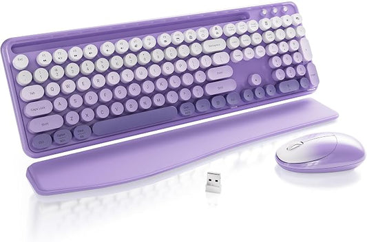 Wireless Keyboard and Mouse, Colorful 104-Key QWERTY with Round Keys, Phone Holder, Wrist Rest, Power Buttons, 2.4GHz USB for PC Laptop (Purple Gradient)