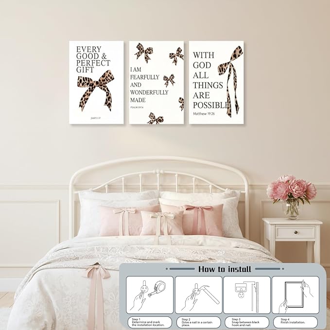 Leopard Bow Wall Art, Y2K Cheetah Print Room Decor for Teen Girls, Inspirational Bible Verses Bow Wall Decor Canvas Pictures Aesthetic for Bedroom Bathroom Dorm 16x24 Inch Framed