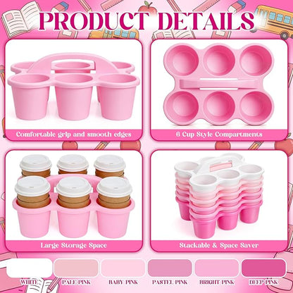 Suclain 6 Pcs Classroom Caddy with Handle Plastic Caddy Organizer with 6 Compartments Drink Cup Caddies Holder Portable Desk Crayon Storage Basket Pin for Teacher Kids Office School(Pink)