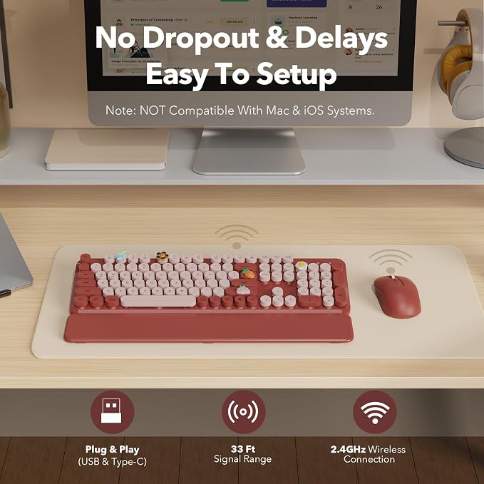 Wireless Keyboard and Mouse Combo, Wine Red Retro Typewriter Style Keyboard with Round Keycaps and Magnetic Wrist Rest, 2.4GHz Wireless for Mac, Windows PC, Laptop, Home Office, School, SABLUTE CK23