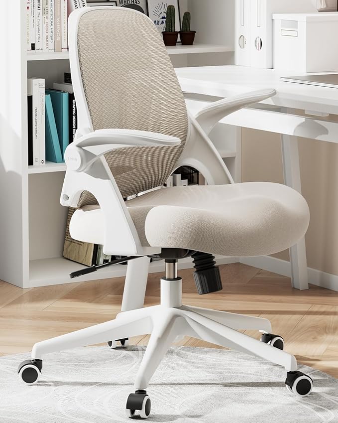 Hbada Office Desk Chair with Flip-Up Armrests and Saddle Cushion, Ergonomic Office Chair with S-Shaped Backrest, Swivel, Mesh, Grey