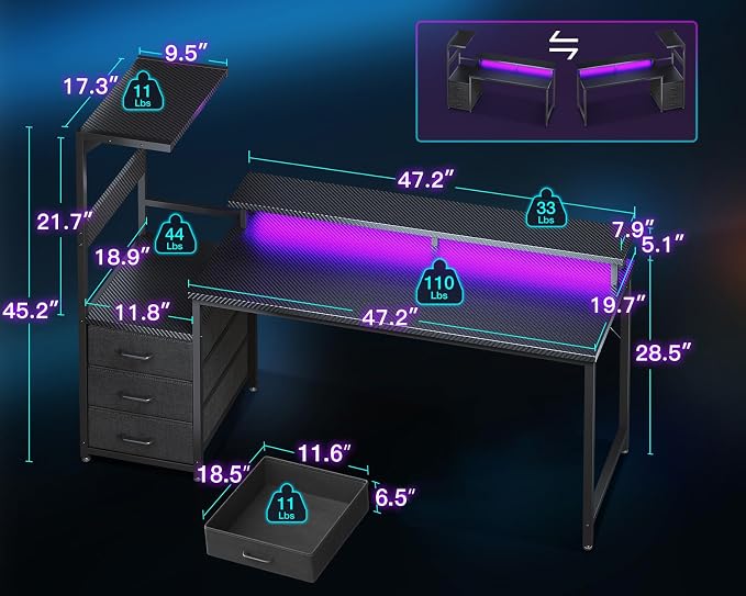 AODK 59 Inch Gaming Desk with LED Light- Reversible Computer Desk with Storage Shelves & Monitor Stand, Fabric Drawers Fits Compact PC Towers, Black