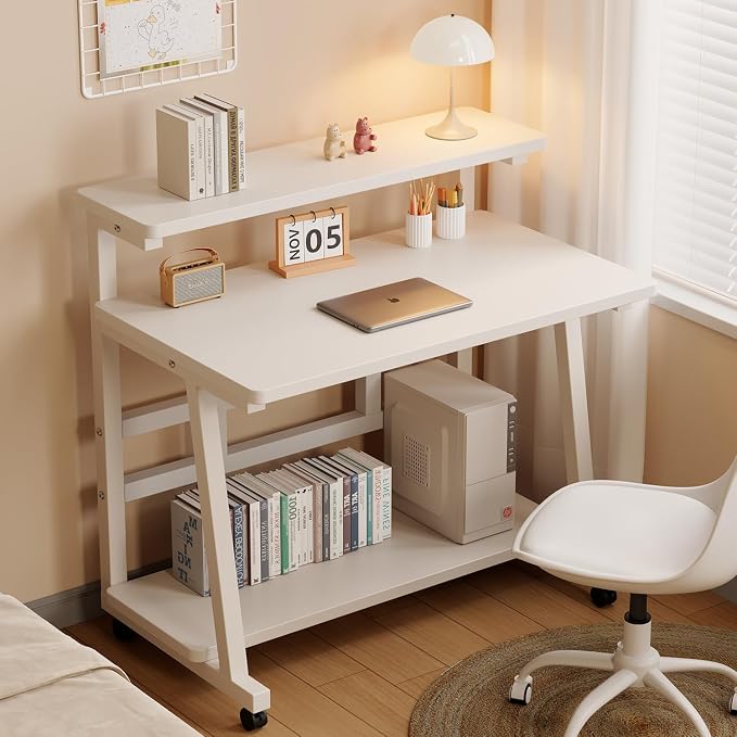 Rolling Computer Desk, 47.2 Inch Small Desks For Small Space, Portable Small Computer Desk with Monitor Stand & 3-Tier Storage, Portable Desk on Wheels for Writing, Home Office, Small Desk for Bedroom