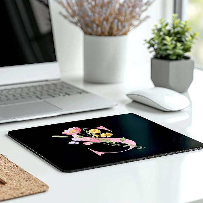 Mouse Pad Pinks Flowers Initial Letters Mousepad Desktop Laptop Computer Accessories Home Office Gaming Work Desk Computer Non-Slip Rubber Monogram Floral Alphabet A-Z mousepad (S)