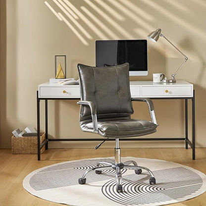HULALA HOME Faux Leather Home Office Desk Chair, Adjustable Swivel Computer Chair with Sliver Legs and Arms, Comfy Upholstered Task Chair(Grey)